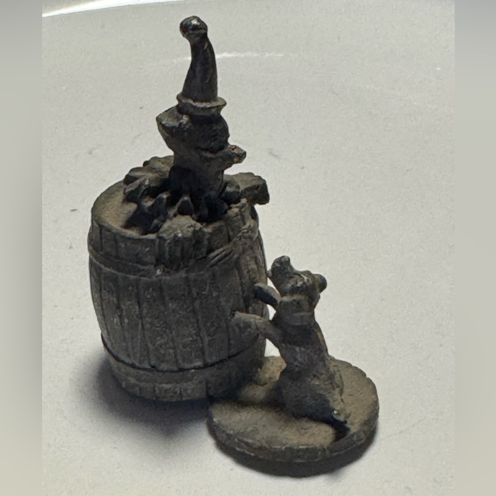 Small Vintage Pewter Circus Clown  Figurine in Barrel Playing With Puppy
